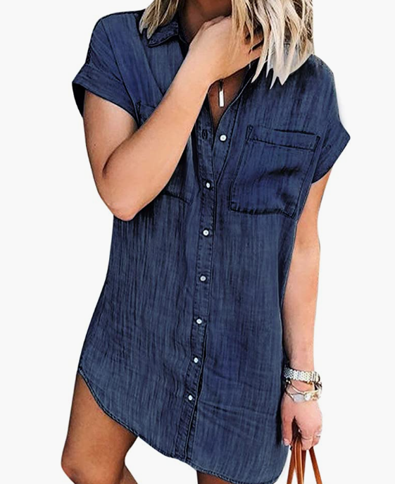 Women Summer Short Sleeve Denim Shirt Dress Jean Dresses