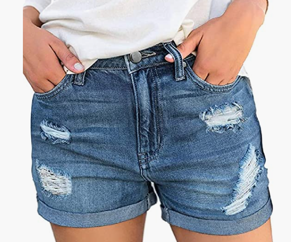 Women's Mid Rise Broken Hole Casual Rolled Hem Ripped Denim Shorts