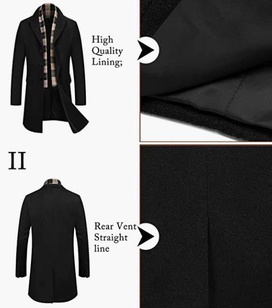 Men's Wool Blend Coat with Plaid Scarfs WINTER Coat