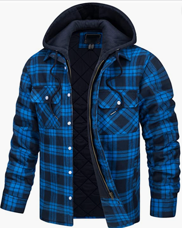 Men's Plaid Shirts Jacket Cotton Coat Full Zip . Hood Jackets with Pockets