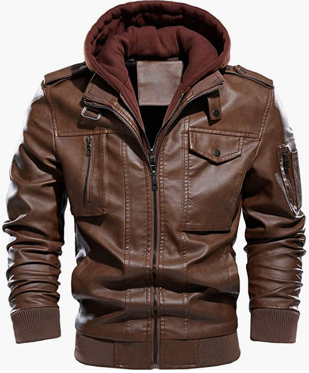 Men's Leather Jacket Winter Warm Jackets with Removable Hood