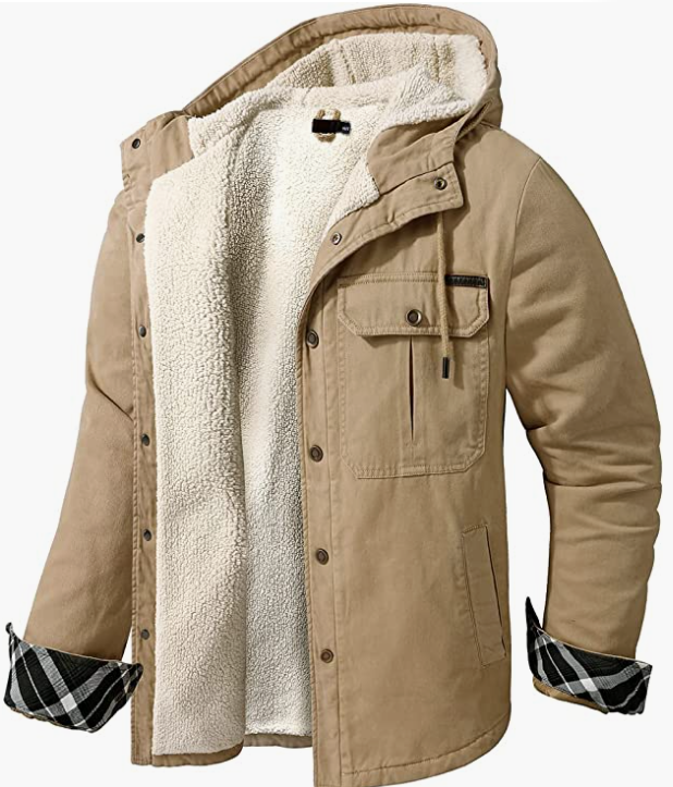 Men's Hooded Coat Casual Thicken Long Sleeve Button Down Shirt Jacket