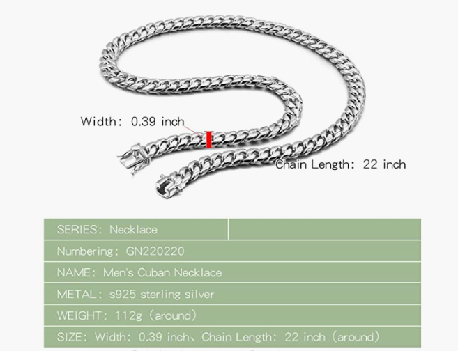 Men's 925 Sterling Silver Necklace Classic 10MM Cuban Chain
