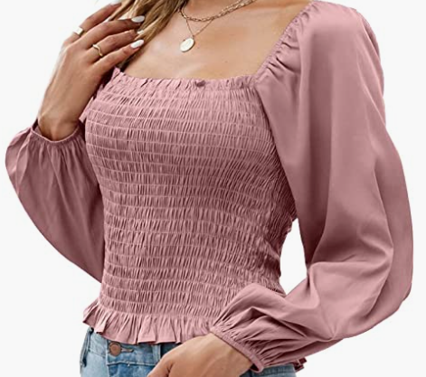 Long Sleeve Shirts Womens Blouse Sexy Casual Slim Fitted Top Square Neck