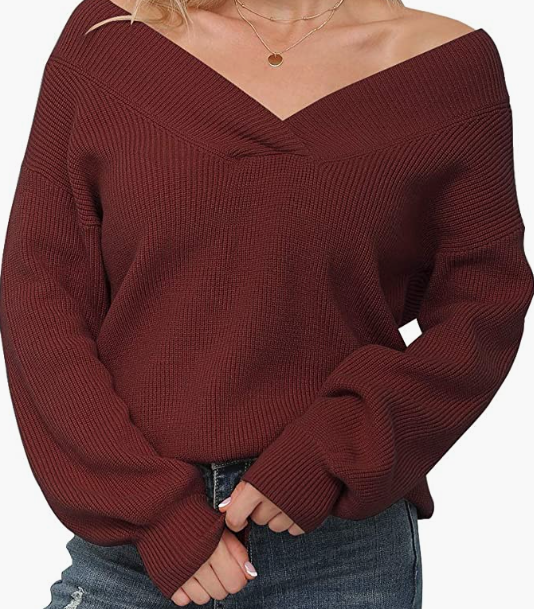 Sweater Long Sleeve Loose Tops V Neck Pullover Knit Sweater for Womens