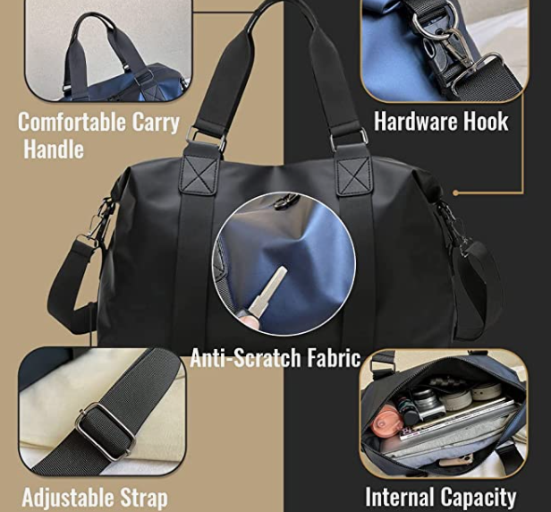 Waterproof Carry on Bag with Detachable Strap, Weekender Zipper Sport Gym Bag for Women