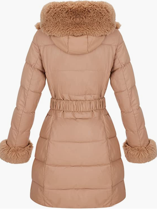 Women Puffer Leather Jacket Hooded with Fur Collar
