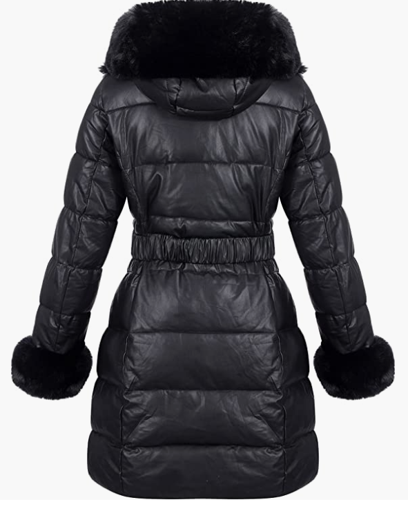 Women Puffer Leather Jacket Hooded with Fur Collar