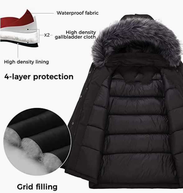 Winter Coat Long Quilted Thicken Fur Hood BLACK