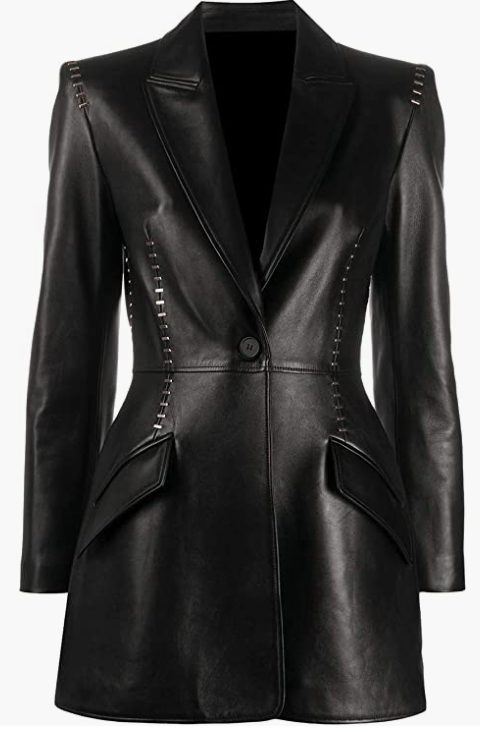 Women Coat Black Genuine Lambskin Leather Long Coat Metal Stitching