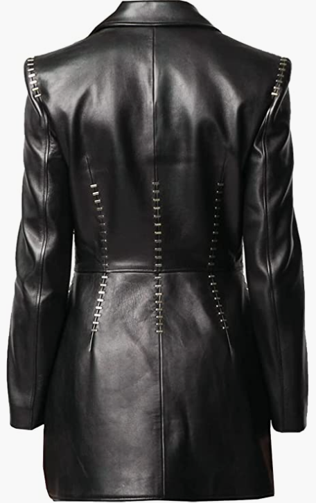 Women Coat Black Genuine Lambskin Leather Long Coat Metal Stitching