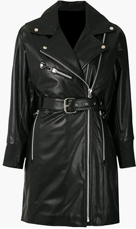 Long Coat For Women Genuine Leather Jacket Waist Belt Trench Coat Silver Detailing