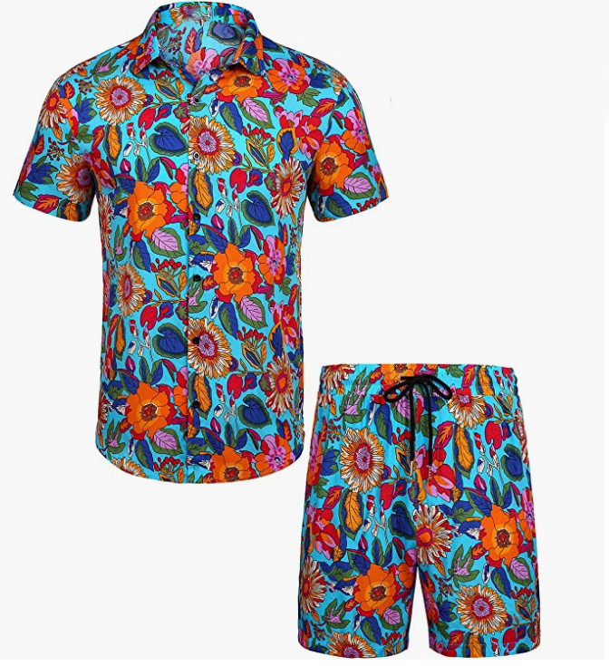 Men's Flower Button Down Hawaiian Sets Casual Short Sleeve Shirt and Shorts Suits