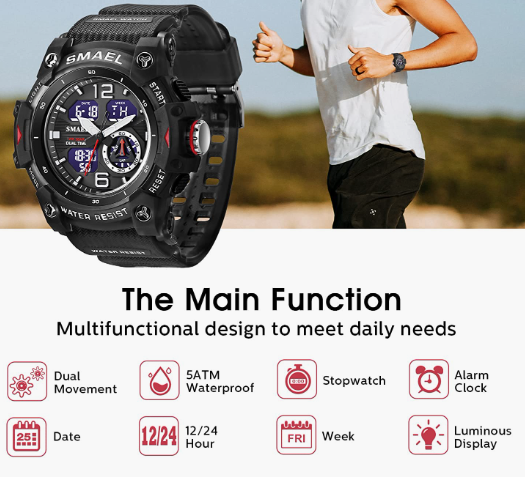 Sport Watches for Men Outdoor Military Digital Analog Stopwatch Waterproof Multifunctional Wrist Watch