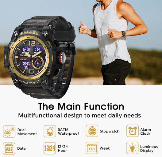 Sport Watches for Men Outdoor Military Digital Analog Stopwatch Waterproof Multifunctional Wrist Watch