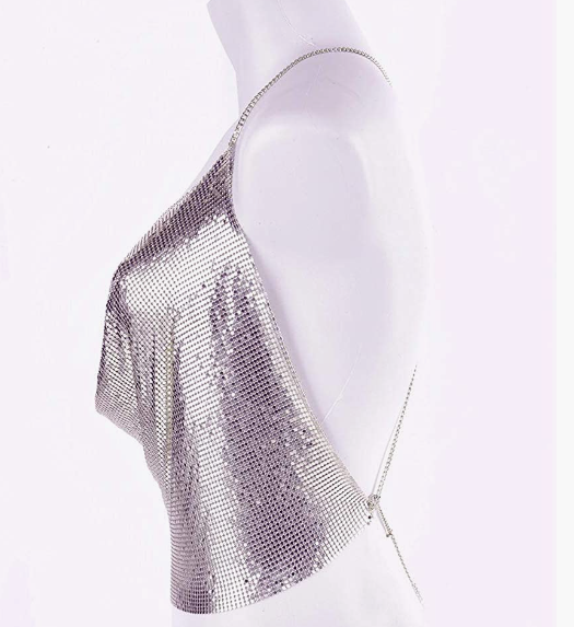 PARTY Sparkly Deep V Neck Crop Tank Tops Cami Body Chain Top