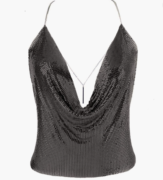 PARTY Sparkly Deep V Neck Crop Tank Tops Cami Body Chain Top