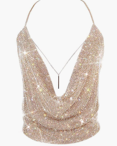 PARTY Sparkly Deep V Neck Crop Tank Tops Cami Body Chain Top