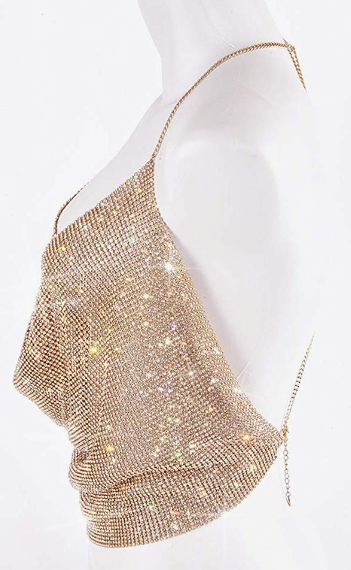 PARTY Sparkly Deep V Neck Crop Tank Tops Cami Body Chain Top