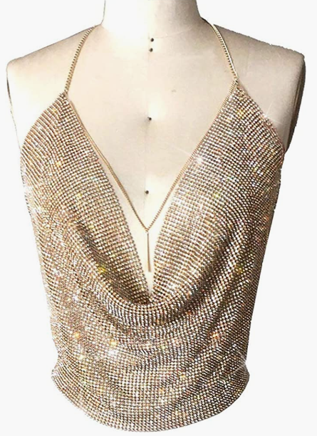 PARTY Sparkly Deep V Neck Crop Tank Tops Cami Body Chain Top