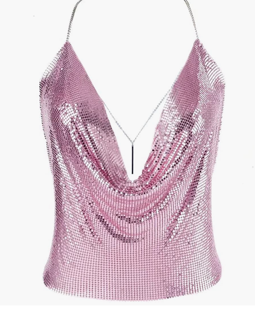 PARTY Sparkly Deep V Neck Crop Tank Tops Cami Body Chain Top