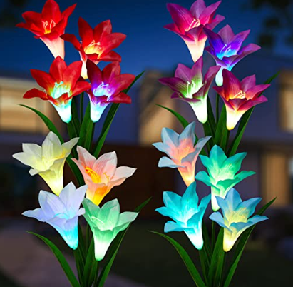 Outdoor Solar Flower Lights - 4 Pack Solar Garden Lights Color Changing with 16 Large Lily Flowers