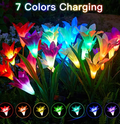 Outdoor Solar Flower Lights - 4 Pack Solar Garden Lights Color Changing with 16 Large Lily Flowers