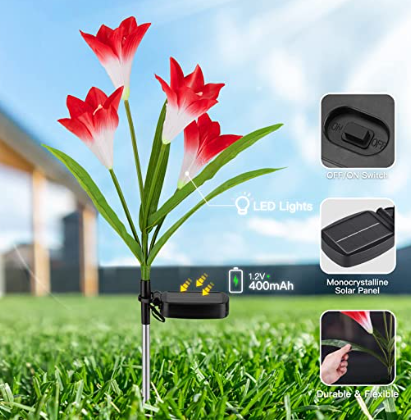 Outdoor Solar Flower Lights - 4 Pack Solar Garden Lights Color Changing with 16 Large Lily Flowers