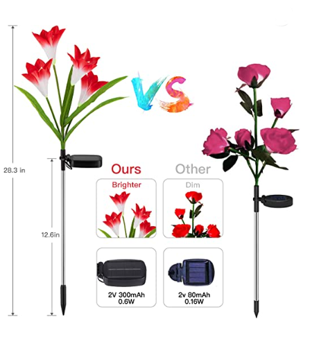 Outdoor Solar Flower Lights - 4 Pack Solar Garden Lights Color Changing with 16 Large Lily Flowers