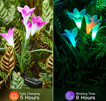 Outdoor Solar Flower Lights - 4 Pack Solar Garden Lights Color Changing with 16 Large Lily Flowers