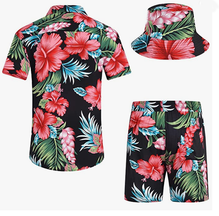 Hawaiian Sets Casual Short Sleeve Shirt and Shorts Suits with Bucket Hats