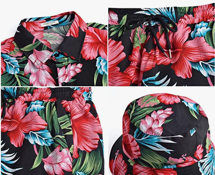 Hawaiian Sets Casual Short Sleeve Shirt and Shorts Suits with Bucket Hats
