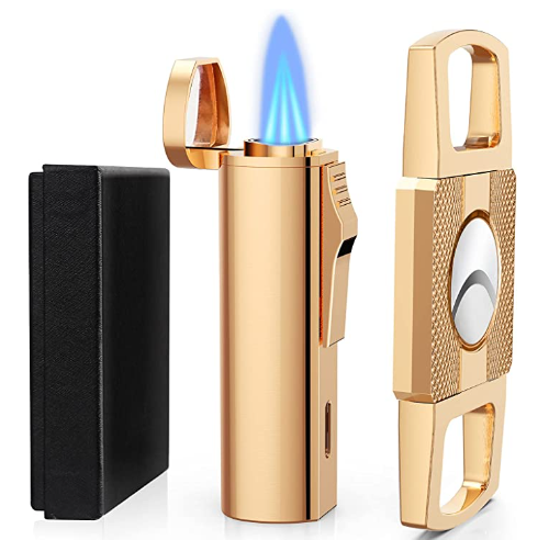 Lighter and Cigar Cutter Set, Adjustable Triple Jet Flame Cigar Lighter, Windproof Butane Refillable Lighters Gift Set