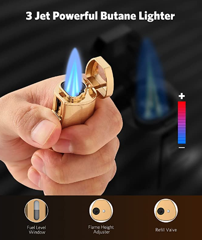 Lighter and Cigar Cutter Set, Adjustable Triple Jet Flame Cigar Lighter, Windproof Butane Refillable Lighters Gift Set