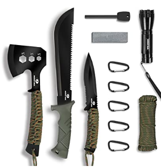 Fixed Blade Knife with Sheath, One-Piece Camping Hatchet and Hunting Knife with Rope Handle, Includes Zoomable Tactical Flashlight and Many Other Tools, 15 Pieces Camping Tool Set
