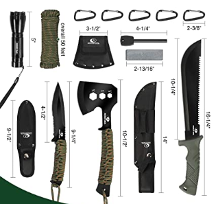 Fixed Blade Knife with Sheath, One-Piece Camping Hatchet and Hunting Knife with Rope Handle, Includes Zoomable Tactical Flashlight and Many Other Tools, 15 Pieces Camping Tool Set