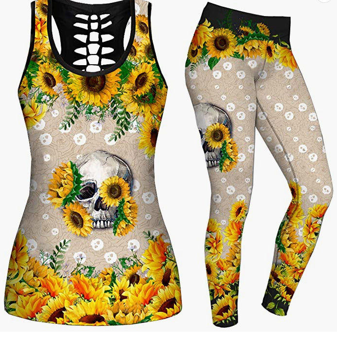 Women 2 Piece Outfits Casual Sweatsuit Skull Printed Tank Tops Yoga Leggings Jogger Set Activewear