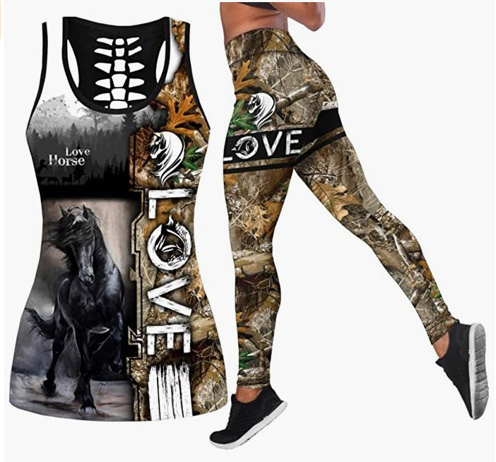 Women 2 Piece Outfits Casual Sweatsuit Skull Printed Tank Tops Yoga Leggings Jogger Set Activewear