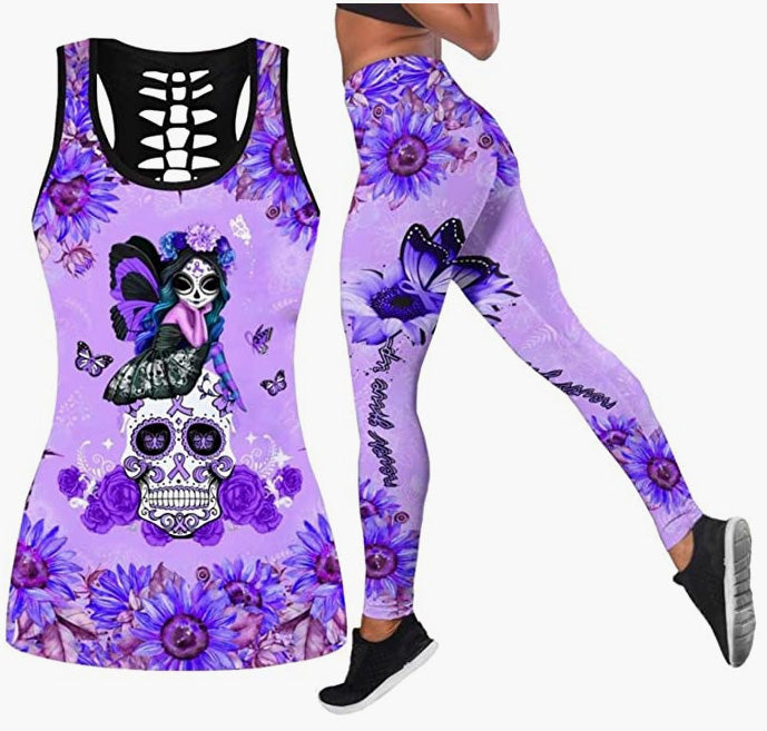 Women 2 Piece Outfits Casual Sweatsuit Skull Printed Tank Tops Yoga Leggings Jogger Set Activewear