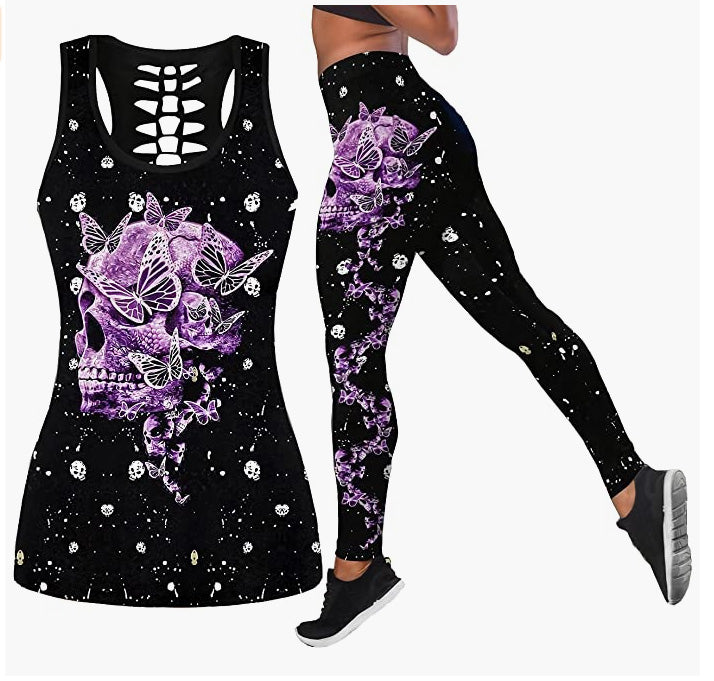 2 Piece Outfits Casual Sweatsuit Skull Printed Tank Tops Yoga Leggings Jogger Set